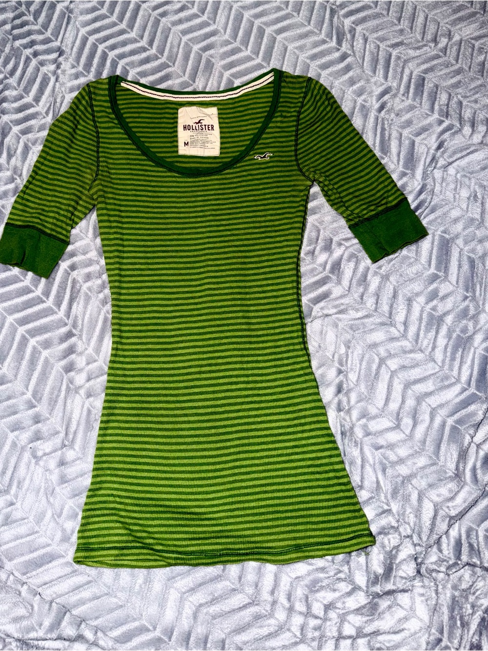 Hollister Co. Green Striped 3/4-Sleeve Scoop Neck Top Vintage Medium